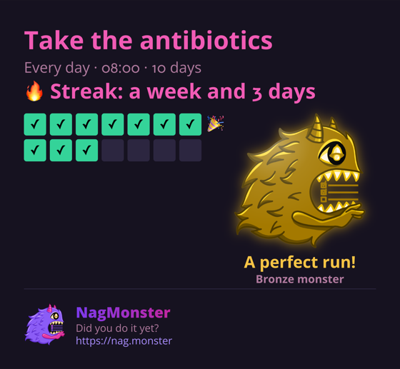 A share card with a golden monster for a perfect streak