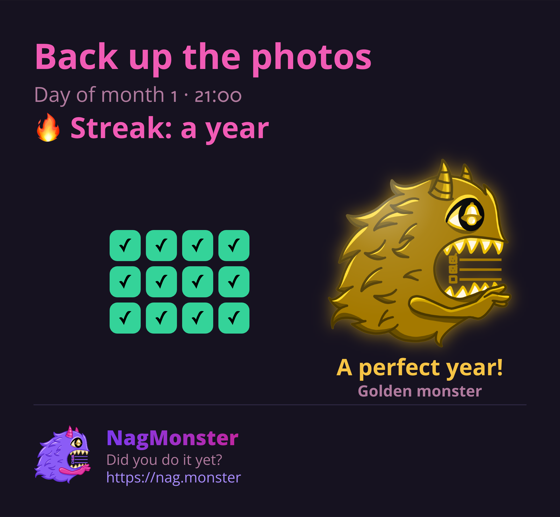 A share card with a golden monster for a perfect streak