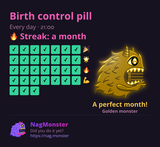 A share card with a golden monster for a perfect streak