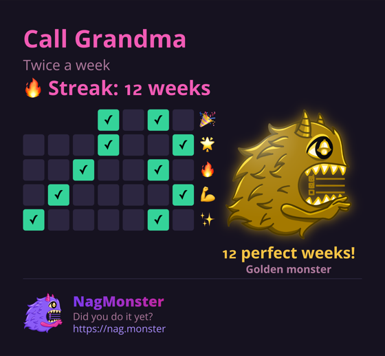 A share card with a golden monster for a perfect streak