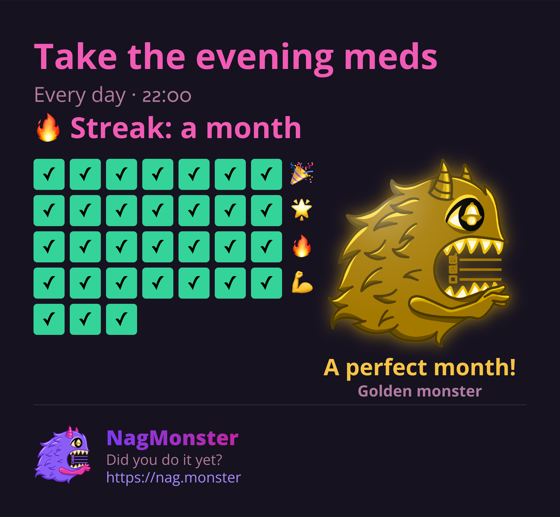 A share card with a golden monster for a perfect streak