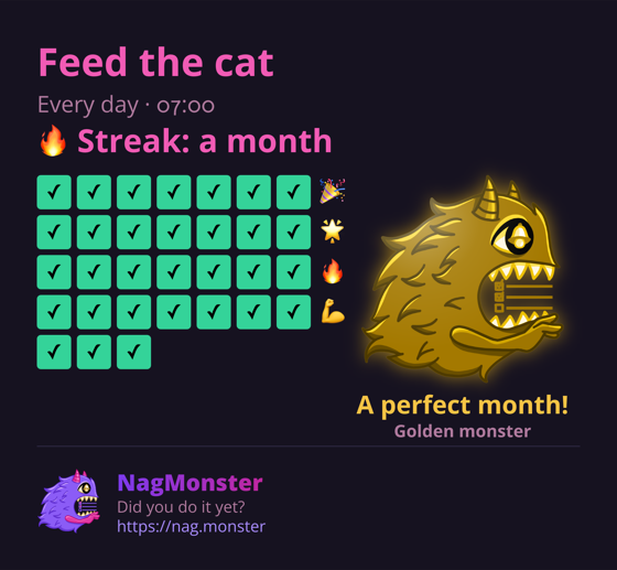A share card with a golden monster for a perfect streak