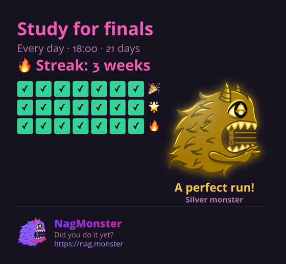 A share card with a golden monster for a perfect streak