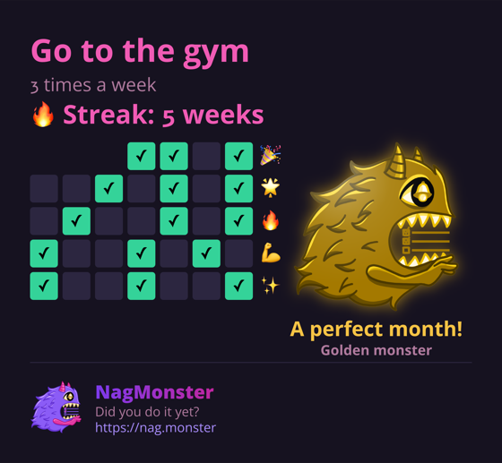 A share card with a golden monster for a perfect streak