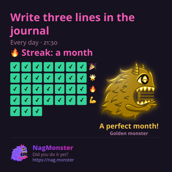 A share card with a golden monster for a perfect streak