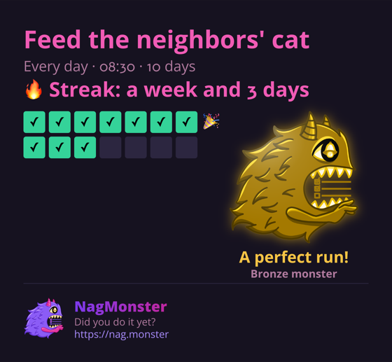 A share card with a golden monster for a perfect streak