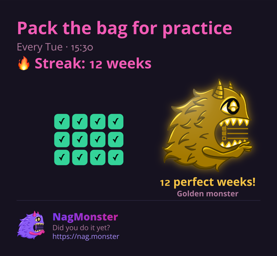 A share card with a golden monster for a perfect streak