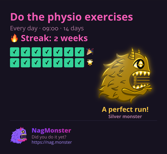 A share card with a golden monster for a perfect streak