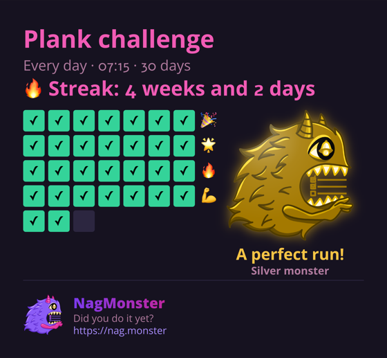 A share card with a golden monster for a perfect streak