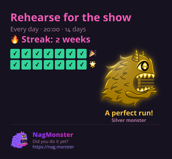 A share card with a golden monster for a perfect streak
