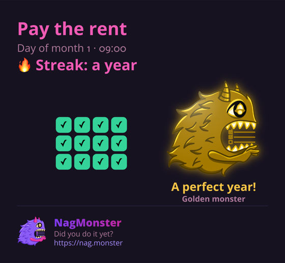 A share card with a golden monster for a perfect streak