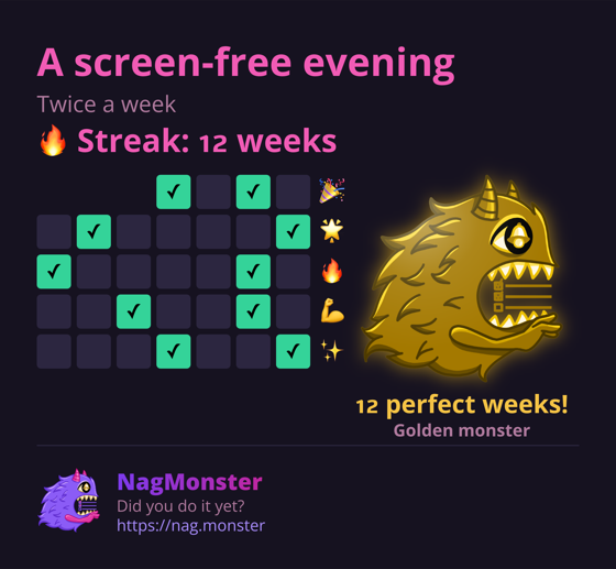A share card with a golden monster for a perfect streak