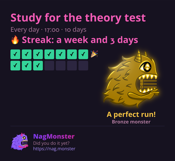 A share card with a golden monster for a perfect streak