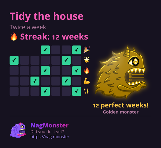 A share card with a golden monster for a perfect streak
