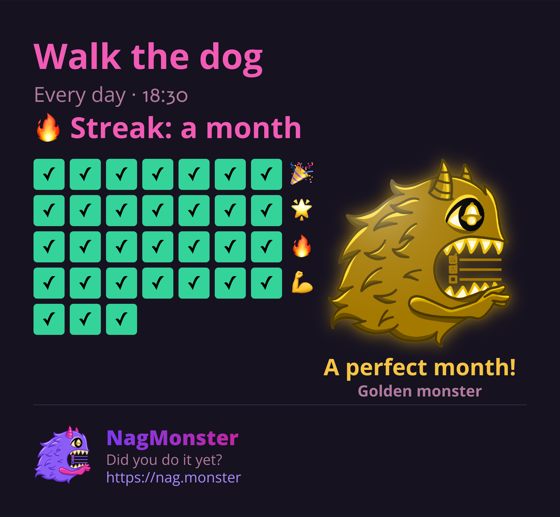 A share card with a golden monster for a perfect streak