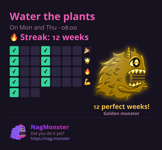 A share card with a golden monster for a perfect streak